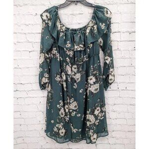 Torrid Women Mini Chiffon Off-Shoulder Skater Floral Green Dress Size 0 / L
